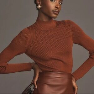 Anthropologie Brown Corset Mock Neck Stretch Fitted Knit Ribbed Sweater SZ Small
